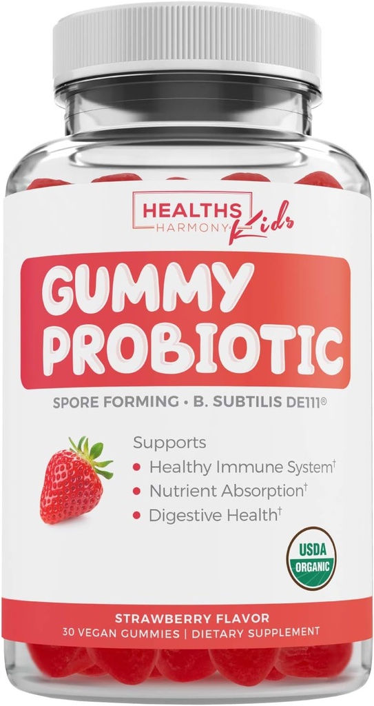 USDA Organické probiotiká pre deti (Non-GMO) Jahodová chuť Deti probiotické Gummy pre trávenie a imunitnú podporu - 2,5 miliardy CFU DE111 Špora tvorí kmeň pre maximálnu životnosť - 30 Gummy