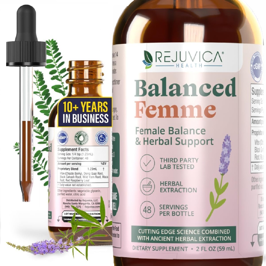 Rejuvica Health Balanced Femme - Advanced Femme Žena Balance Suplement - Liquid Delivery for Better Absorbtion - Vitex, Dong Quai, Black Cohosh, Maca Wild Yam & More!