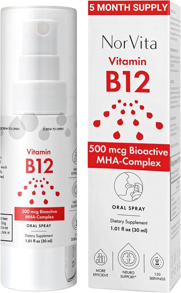 Vitamín B12 Spray 500 mcg (150 Servings) - Quick Absorbtion MHA Complex (Metylkobalamín, hydroxykobalamín, Adenozylkobalamín) - Vegan, non-GMO, Liquid B12 Supplement
