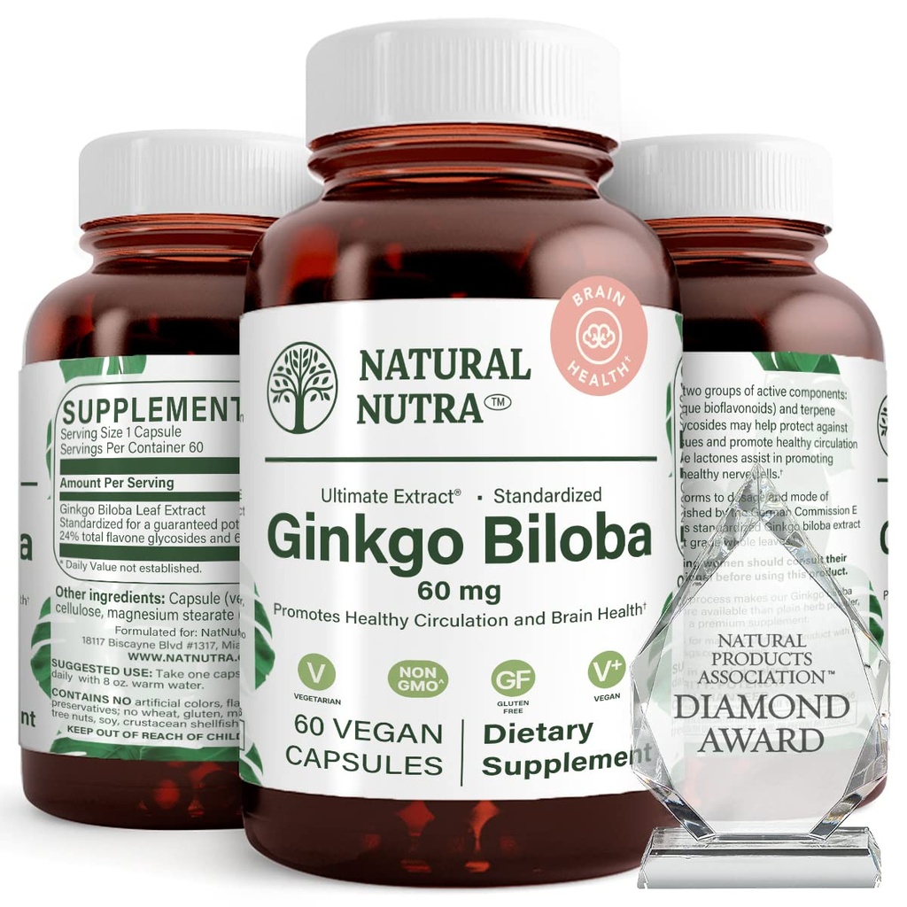Prírodné Nutra Ginkgo Biloba, zlepšuje obeh do mozgu a zvyšuje pamäť, zvyšuje tok kyslíka, a zvýšenie funkcie mozgu, Podpora Nerve zdravie, Vegan a lepidlo zadarmo, (60) Kapsule