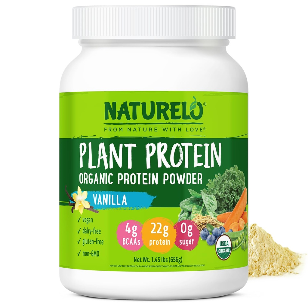NATURELO Plant Protein Powder, Vanilla, 22g Protein - Non-GMO, Vegan, No Gluten, Dairy, alebo sója - žiadne umelé príchute, Syntetické sfarbenie, Konzervačné látky, alebo prísady - 20 Servisov