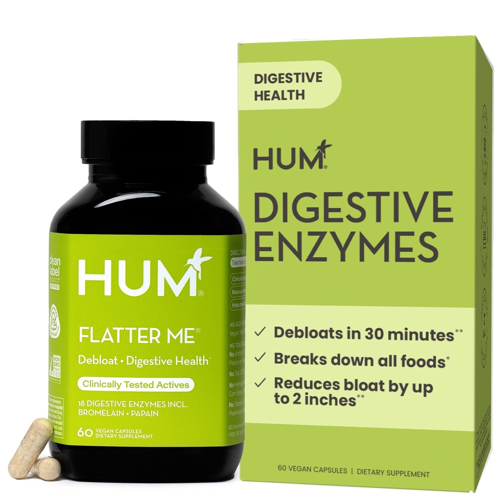HUM Flatter Me Tráviace enzýmy pre ženy a mužov, Tráviace zdravie Bloating Supplement with Ginger & Peppermint Leaf, Fast Acting Anti Bloat Pills Multi Enzyme od Debloating, Vegan, 60 Kapsule