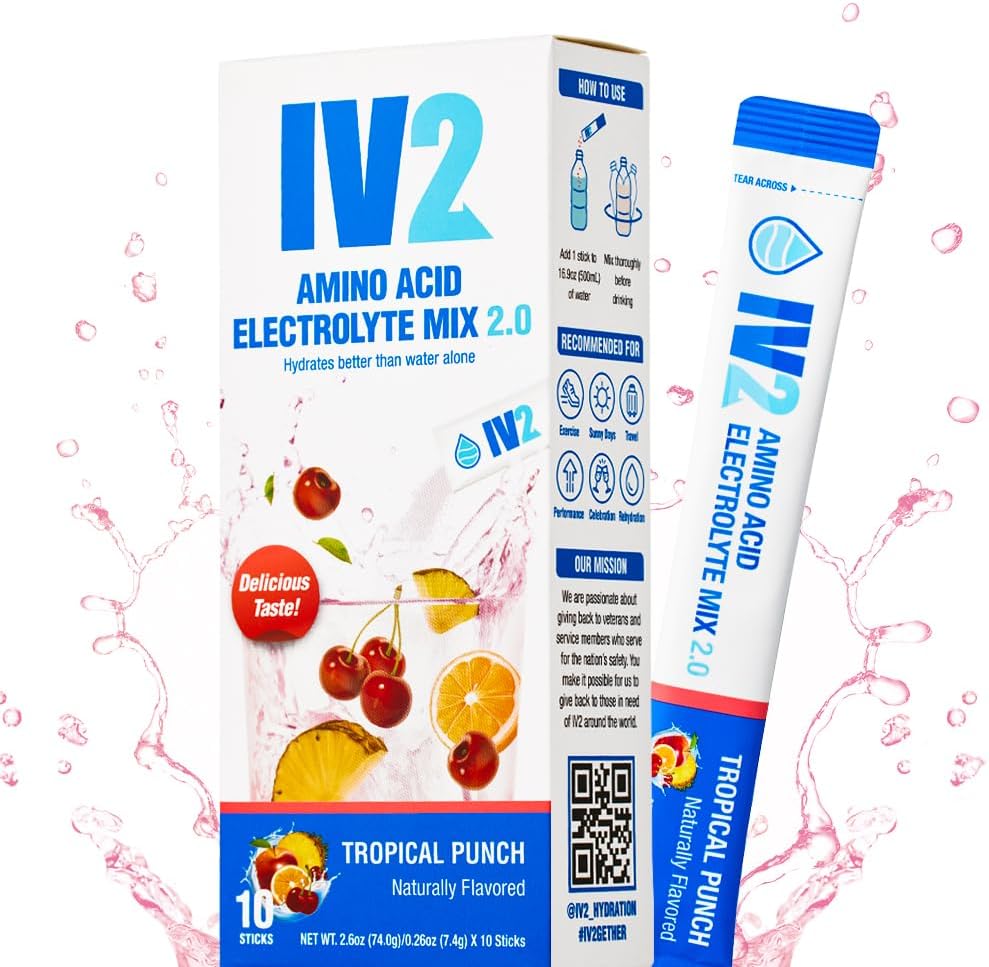 IV2-Zero Sugar Amino Acid Hydration Powder I Electrolyte Drink Mix I Essential Vitamíny I Vegan, non-GMO, Glunten-Free I Ďalšia úroveň Hydratácia (10 Počet)