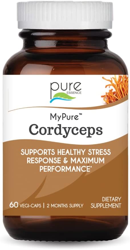 PURE ESSENCE LABS MyPure Cordyceps - Organic Mushroom Supplement - 100% Real Mushrom Extract - Najlepšie pre imunitnú podporu, Zmiernenie stresu, Build Energy pre dospelých mužov a ženy (60 kapsúl)