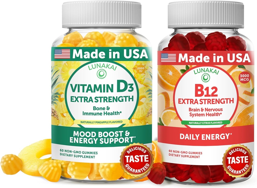 Lunakai vitamín D3 a vitamín B12 Gummy Bundle - Imunita, kosti a nálada podpora VIT D3 2000IU doplnok - 3000mcg Metylkobalamín s vysokou absorpciou energie Gummy - 30 dní