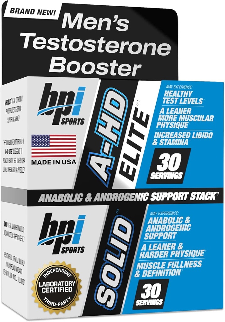 BPI Sports A-HD Elite/Solid Testosterón Booster pre mužov - Testosterón doplnok pre svalovú hmotu, silu, Libido & Performance Support - Podporuje prírodné straty tuku 30 Slúži 550mg