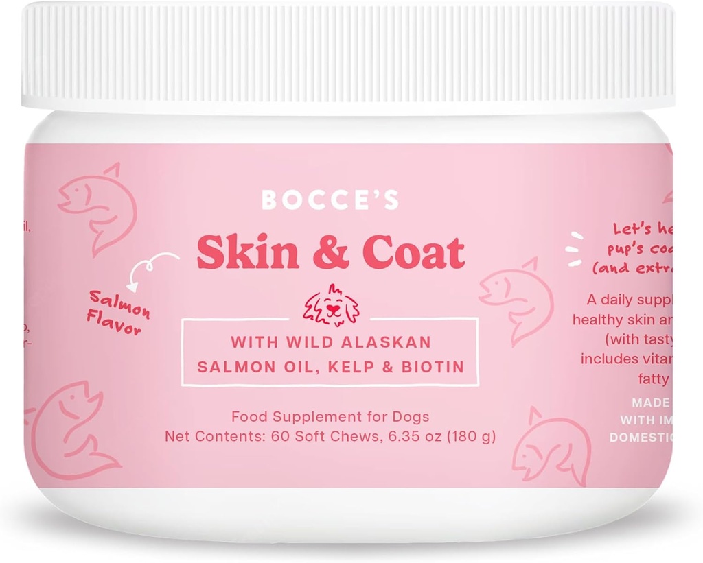 Bocce's Pekárska koža & Coat Supplement for Dogs, Daily Chews Made in The USA with Vitamin E & Essential Mastné kyseliny, podporuje zdravú kožu & Coat, Salmon, 60 ct, Red (DG-SP-SKIN60)