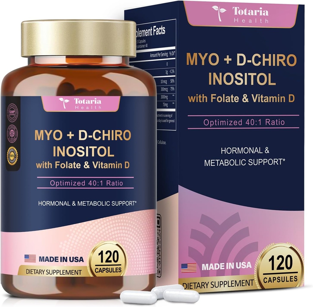 Totaria Inozitol Supplement - 3075mg Myo-Inozitol & D-Chiro Inozitol Capules Plus vitamín D3, folát, ideálny pomer 40:1 - Hormonálna rovnováha pre ženy a ovariána* Podpora 