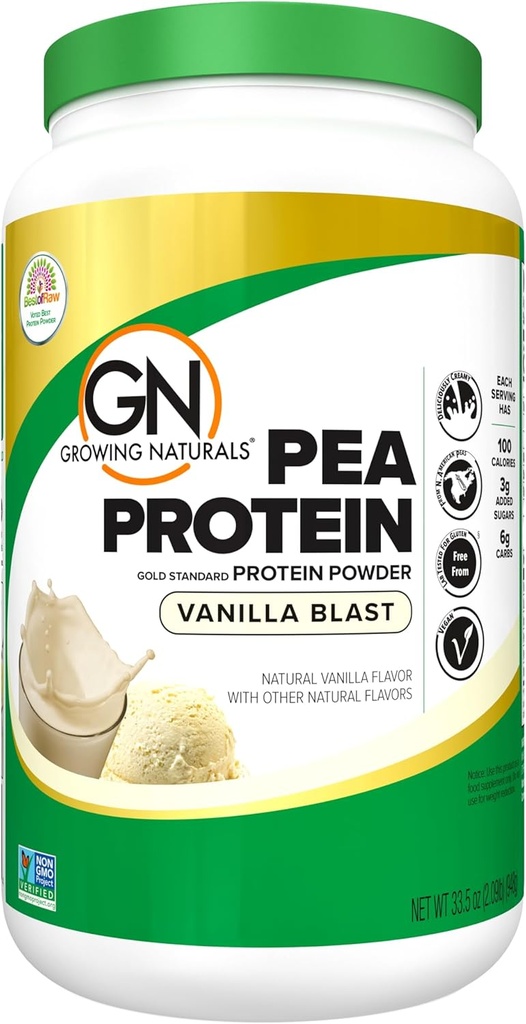 Growing Naturals Raw Pea Protein Powder, Vegan Plant Based Protein, BCAA, Low-Carb, Low-Sugar, Vanilla Blast, 2 Pound (Pack of 1)