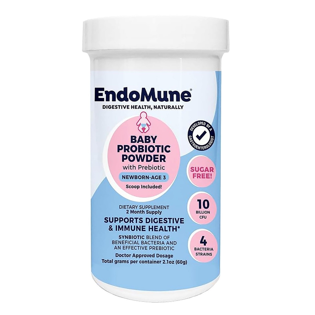 Endomune Jr Advanced Probiotický prášok pre novorodencov, dojčatá, batoľatá a dieťa - 10 miliárd CFU - 4 kmene Baktérie a FOS Prebiotické - Lekár formulovaný - 60 dní dodávky