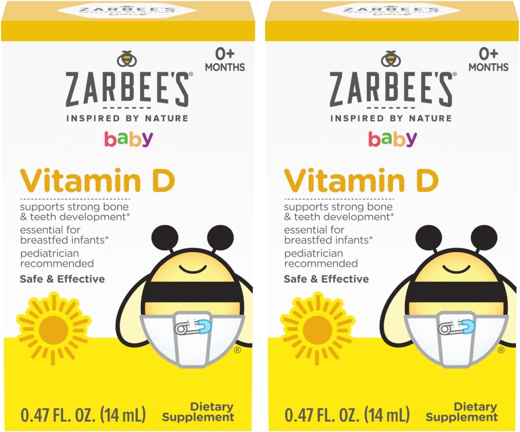 Zarbee vitamín D kvapky pre dojčatá, 400IU (10 μg) Baby a batoľa Liquid Supplement, Newborn & Up, Dropper injekčná striekačka zahrnuté, balenie 2 0,47 Fl Oz fľaše