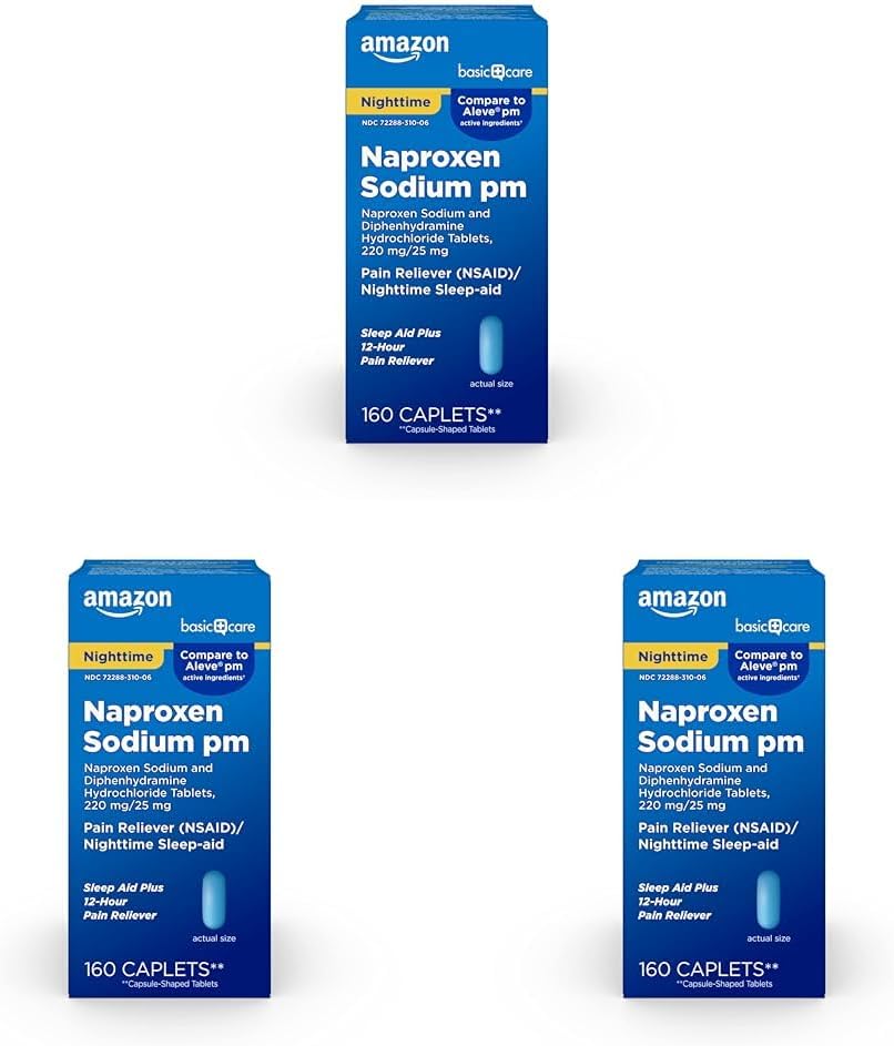 Amazon Basic Care All Night Pain Relief PM, Naproxen Sodík, 220 mg/Difenhydramín Hydrochlorid, 25 mg tablety, Bolesť Reliever/Nighttime Sleep-Aid, 160 grófov (Pack of 3)