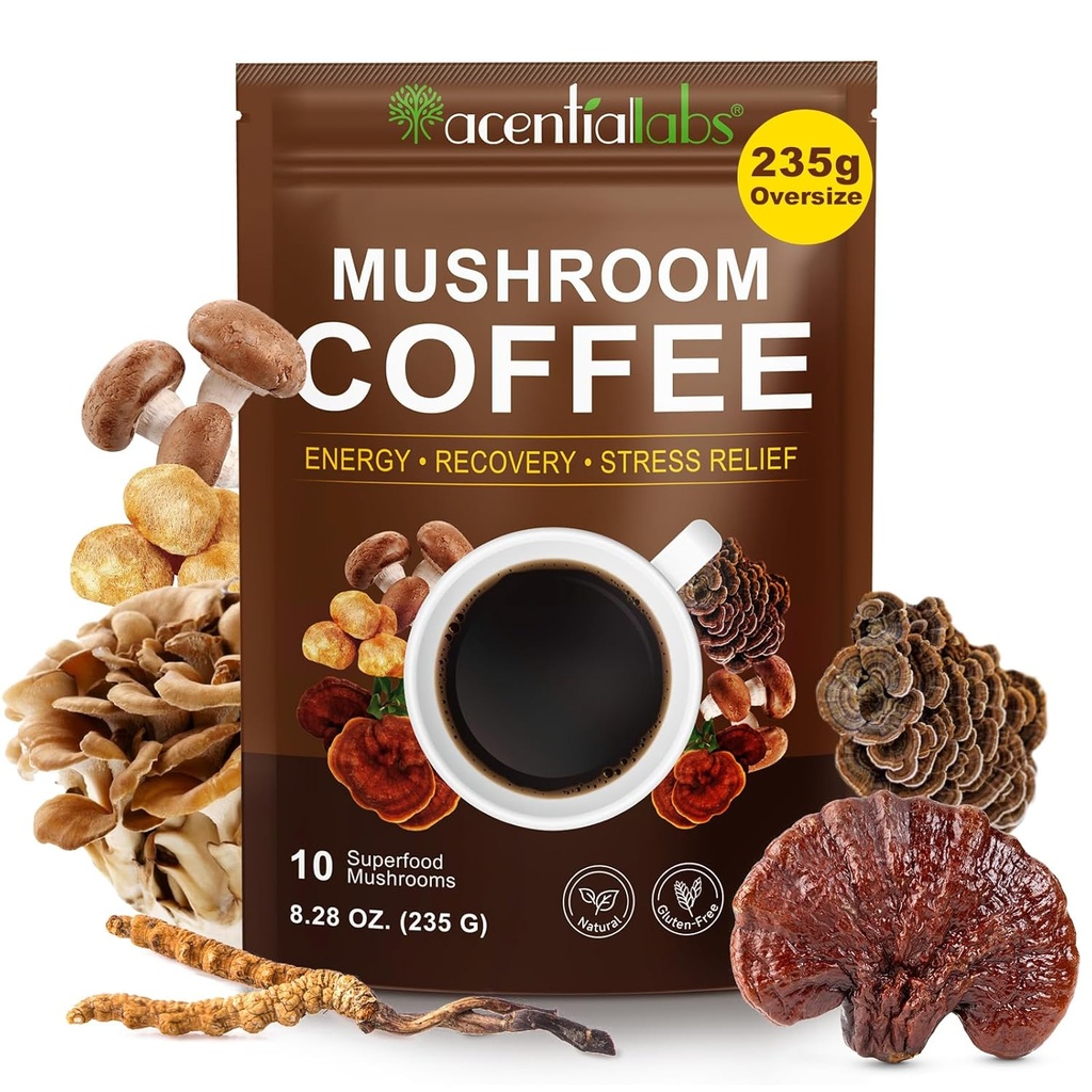 Hubová káva (235g Supersize), 10 Superfood Huby Blend pre energiu, zotavenie a zaostrenie, Organické Instantná káva prášok s Lion