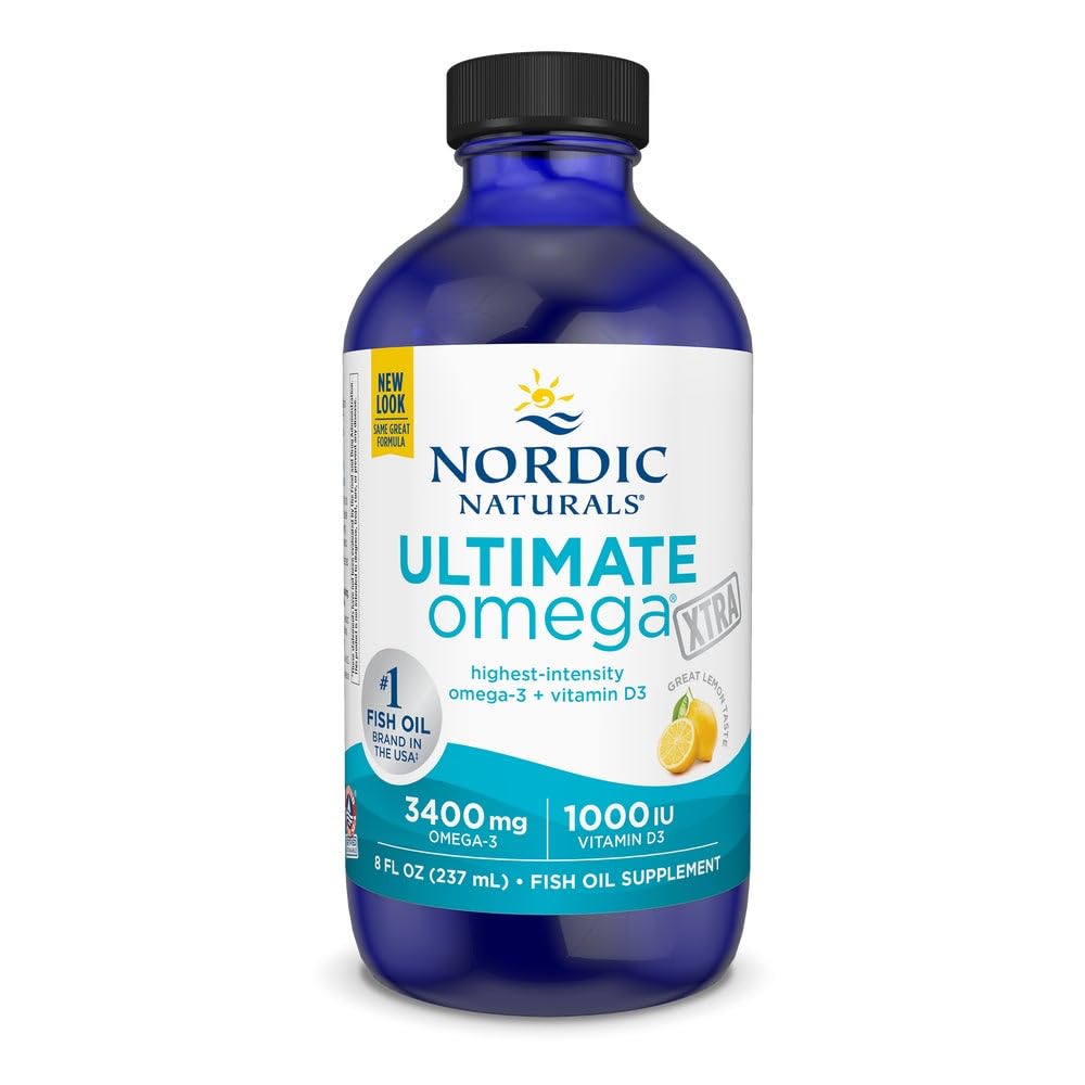 Nordic Naturals Ultimate Omega Xtra Liquid, Citrónová príchuť - 8 oz - 3400 mg Omega-3 + 1000 IU vitamín D3 - EPA & DHA - mozog, srdce, kĺb a imunitné zdravie - Non-GMO - 48 Servíruje