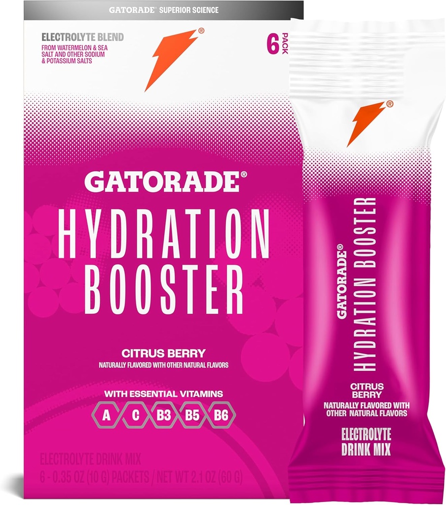 Gatorade Hydratácia Booster Electrolyte Drink Mix púdrové pakety, Citrus Berry, Advanced Electrolyte Blend, Žiadne pridané farby, Žiadne umelé sladidlá, Essential Vitamíny A, C, B3, B5, B6, vyrába 20 Fl Oz, (6 balenia)