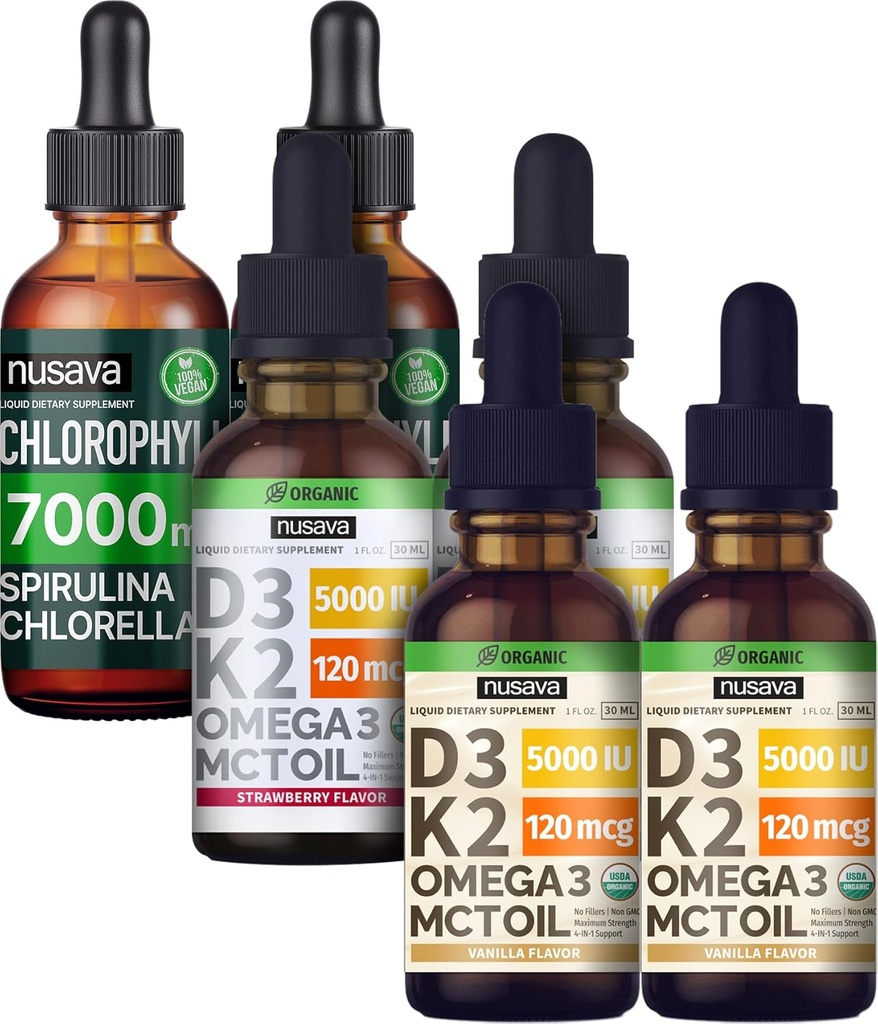 NUSAVA Jahodová ochutená D3 K2 kvapky, Vanilka ochutená D3 K2 kvapky, & Chlorofyl Tekuté kvapky Bundle - Silné kvapalné vitamíny pre srdce, kĺb, energia, & Immuno podpora - non-GMO, Gluten-free, 2ks