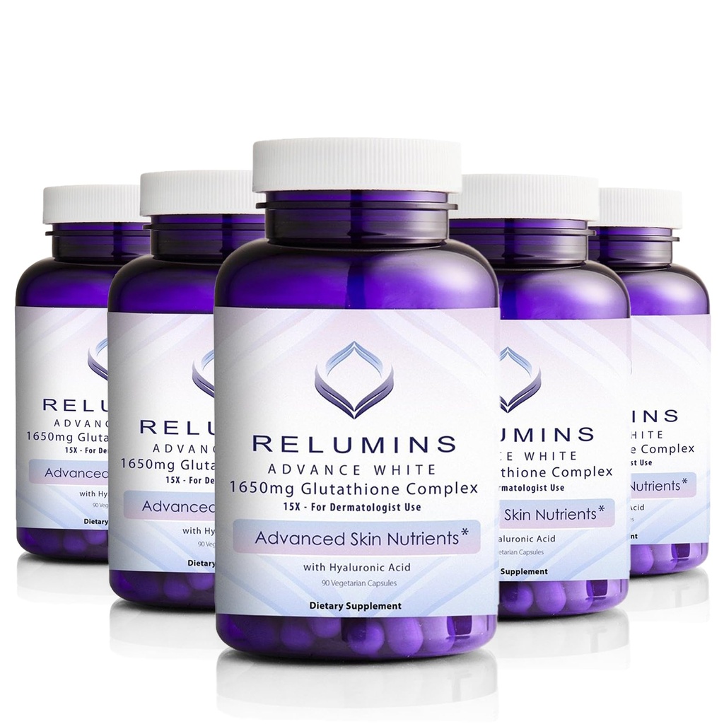 Relumins L-Glutatione Complex 1650mg - Antioxidačná podpora s Alpha Lipoic Acid, NAC, L-Metionin, Vitamín E, Skin Health Supplement, Made in USA - 90 Vegetariánskych kapsúl x 5 fliaš