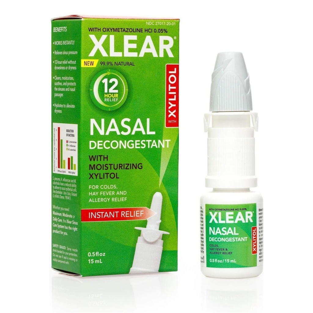 Xlear 12-Hour Nosal Dekongestant Spray, Natural Saline Nasal Spray s Xylitolom a Oxymetazolínom, Instant Sinus Tlak a kongescia Relief pre deti a dospelých 0,5 fl oz (Pack of 1)