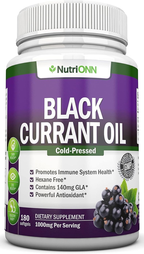 Black Currant Oil - 1000 Mg - 180 Softgels - Cold-Pressed Pure Black Currant Seed Oil - Hexane Free - 140mg GLA Per Serving - Regulates Hormonal Balance - Great For Immune System, Vlasy a koža