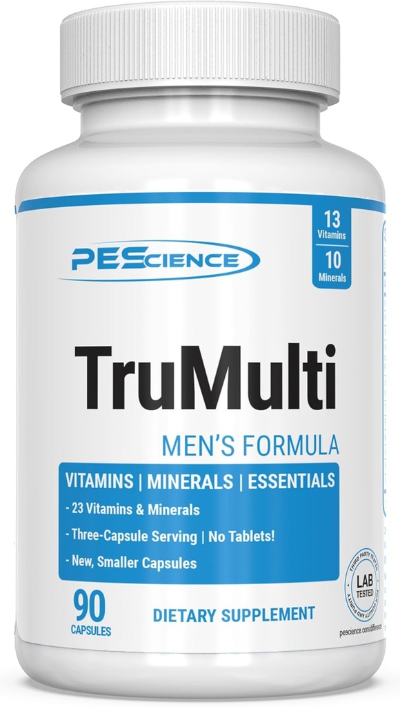 PEScience TruMulti multivitamín pre mužov, denná formula s premium vitamín C, D, zinok, pikolinát chróm doplnok pre imunitnú podporu, oneskorené minerály, 90 ľahko prehltnúť Kapsule