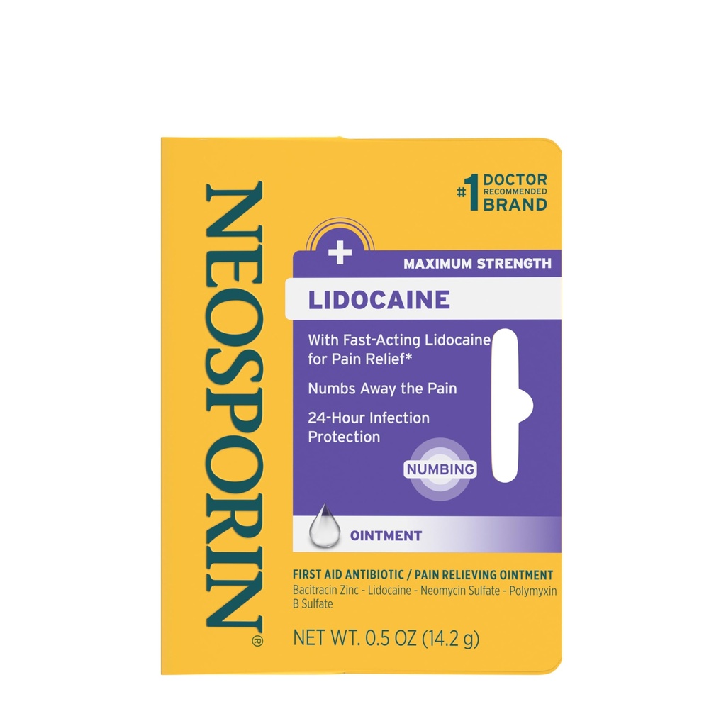 Neosporin + Lidokaín Prvá pomoc Antibiotická masť, Maximálna sila & Fast-Acting Topical Bolesť Reliever, 24-hodinová infekcia ochrana, ktorá ubúda bolesť, Bacitracín zinok, 0,5 oz