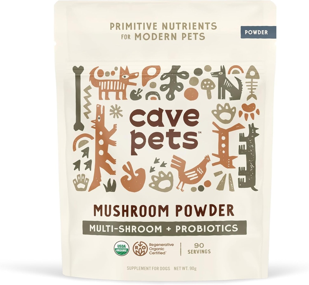 Jaskyne Domáce zvieratá, Super Blend prášok, Psie probiotické doplnky pre imunitu a trávenie Zdravie Podpora, Multi-Shroom & Probiotiká, 90 Servisov