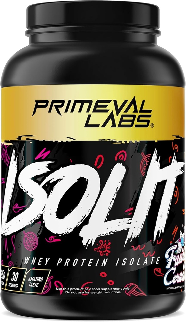 Primeval Labs ISOLIT - Srvátkový prášok, 100% srvátkový izolát, 25 g bielkovín, BCAA, rýchle absorbovanie, ľahké trávenie (Ovocné obilniny, 2lb)