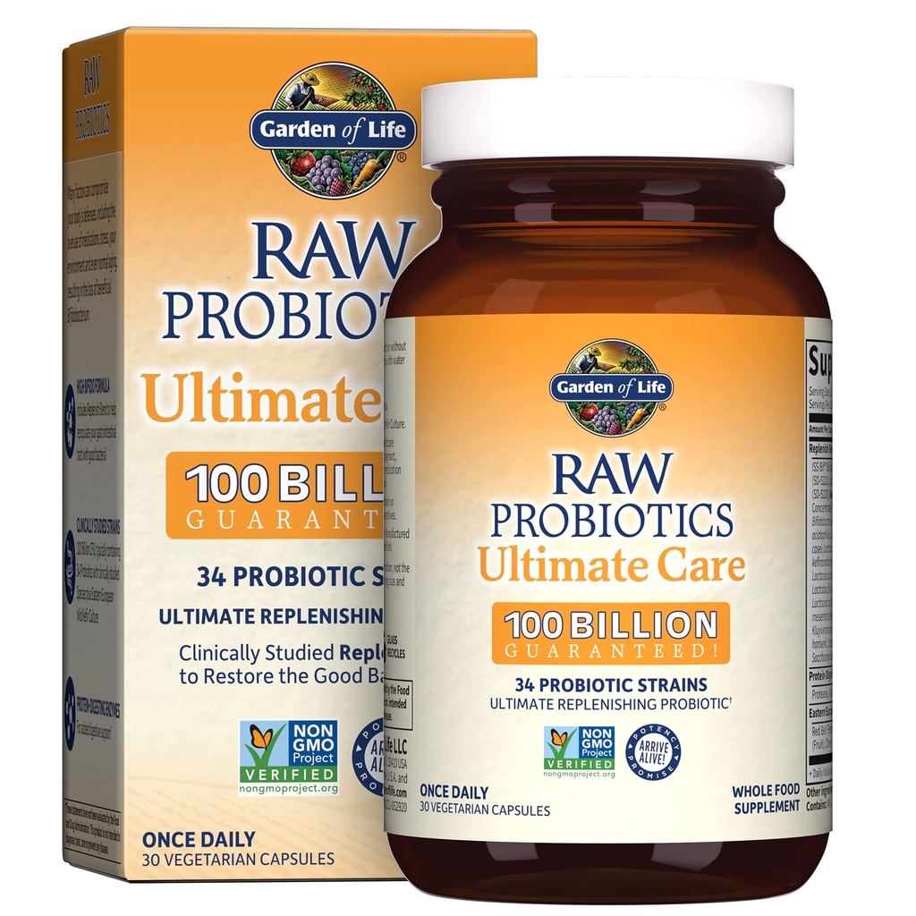 Záhrada života Raw Probiotiká Ultimate Care - 100 miliárd CFU - Dietary Supplement for Gut Health Support - For Women & Men - 30 Vegetariánske kapsule
