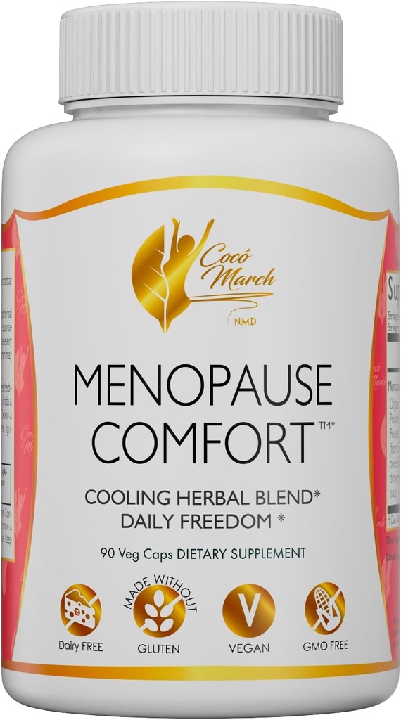 Cocó March N.M.D Menopauza Comfort Rýchla úľava od splachovania, Chladenie bylinné Blend - bez mliečnych výrobkov, bez lepku, Vegan, bez GMO, 90 Veggie Caps