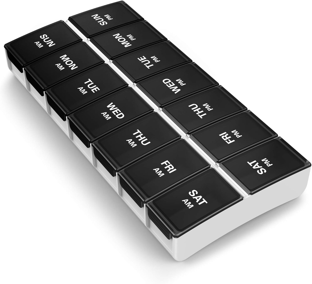 BUG HULL 7-Deň AM/PM Organizátor pilulky - Prenosné Pill Box, Cestovné puzdro, čierna
