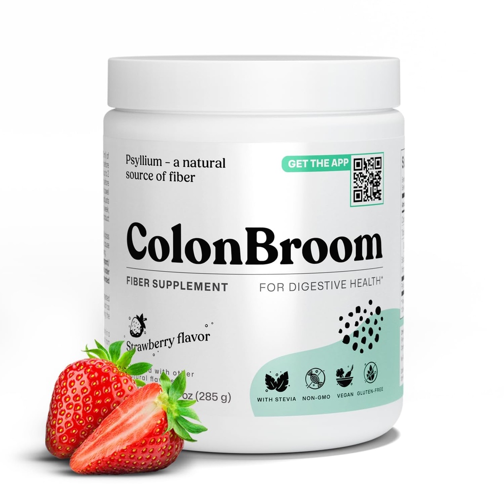 ColonBroom Psyllium Husk Powder (Jahoda) - Colon očistiť pre Bloating Relief & Gut Health - Colon Broom Powder Drink - Vegan, Gluten Free, Non-GMO Fiber Powder Supplement, 50 Služieb