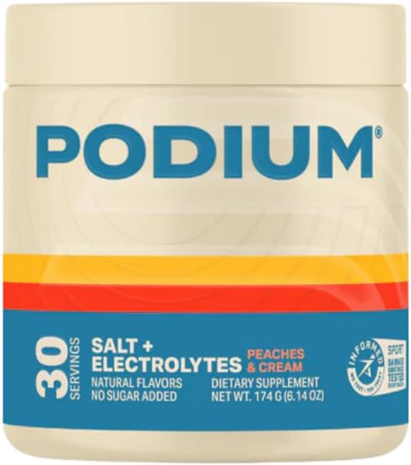 Podium Nutrition Training Salt + Electrolytes Powder, Peaches & Cream, Post Cvičenie Hydratácia a svalová obnova Podpora, Electrolyte nápoj, horčík, draslík, vápnik a sodná soľ, 30 Servivné služby