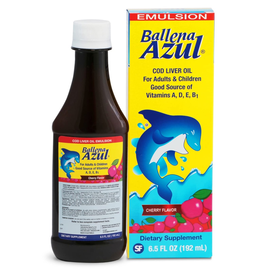 Ballena Azul Aceite de Hígado de Bacalao para Adultos y Niños, COD Liver Oil pre dospelých a deti, Dobrý zdroj vitamínov A, D, E, B1, Dietary Supplement, Omega 3