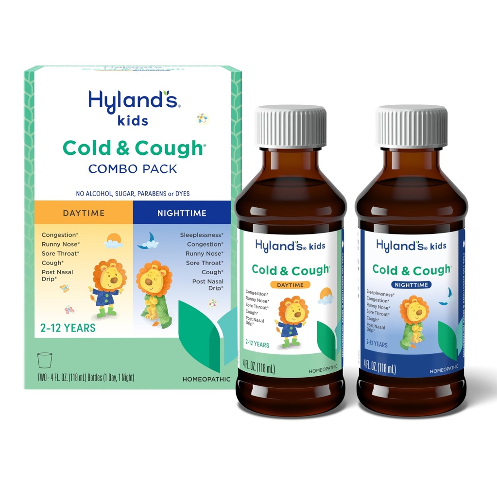 Hyland's Kids Cold and Cough, Day and Night Combo Pack, Cold Medicine for Ages 2 and up, Sirup Cough Medicine for Kids, Nasal Decongestant, 4 Fl Oz (Pack of 2)
