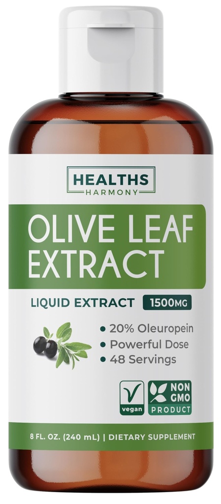 Olive Leaf Extract (Non-GMO) Super sila: 20% Oleuropein - 1500mg - Vegetarián - Immune Support Supplement, zdravie kože, a silný antioxidanty doplnok - tekutý extrakt - 8 Fl Oz