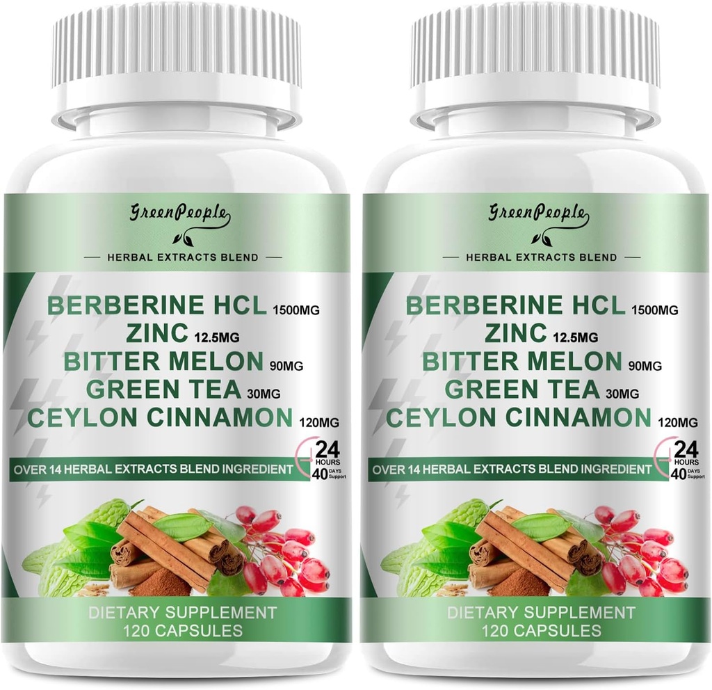 GREENPEOPLE Berberine Supplement with Ceylon škorica - 120 gróf Berberine 1500mg Berberine HCL Kapsule s horkou Melon/Artichoke extrakty & Natural Herbs for Immune Support 2 Balenie