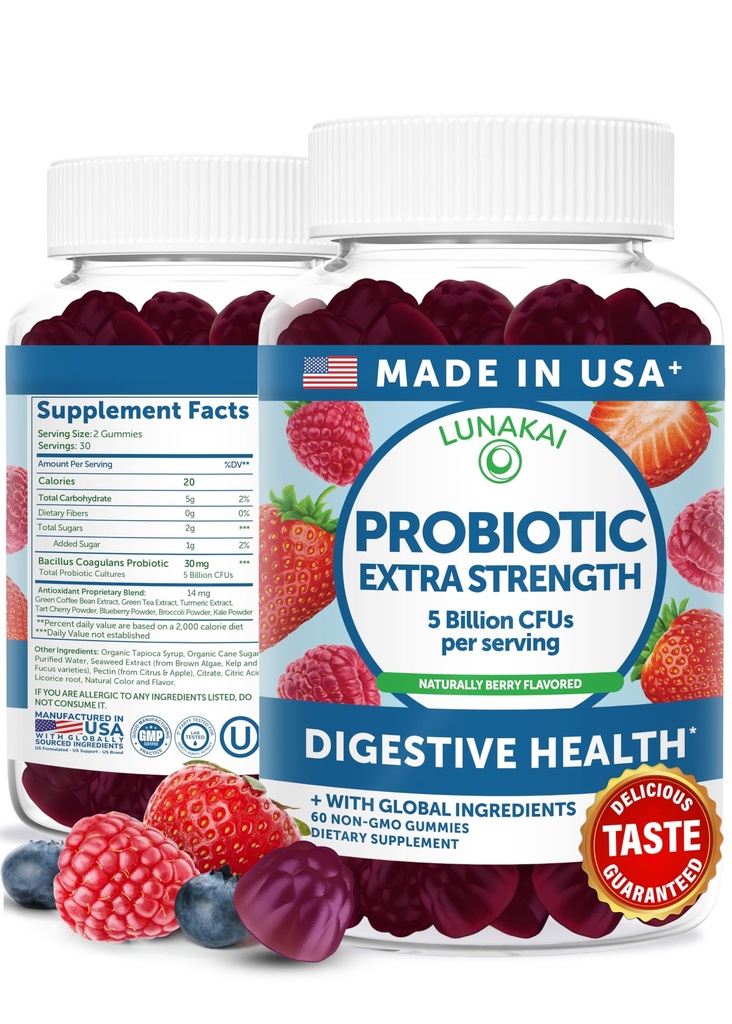 Lunakai USA Made Probiotic Gummies - 5 miliárd CFU, Vegan, Non-GMO, Gluten-Free - Tráviaca a imunitná podpora pre ženy a mužov - 60 žuvačiek