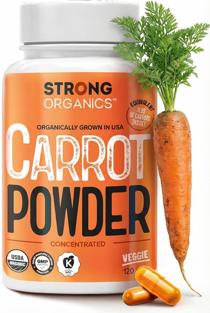 USDA Organic Carrot Powder Capsules (120), Grown in USA, Eye Support, Beta Karotén, Vitamín A, Karotenoids, Antioxidanty, 106° F Max, Vegan, Kosher-2 Monts Supply