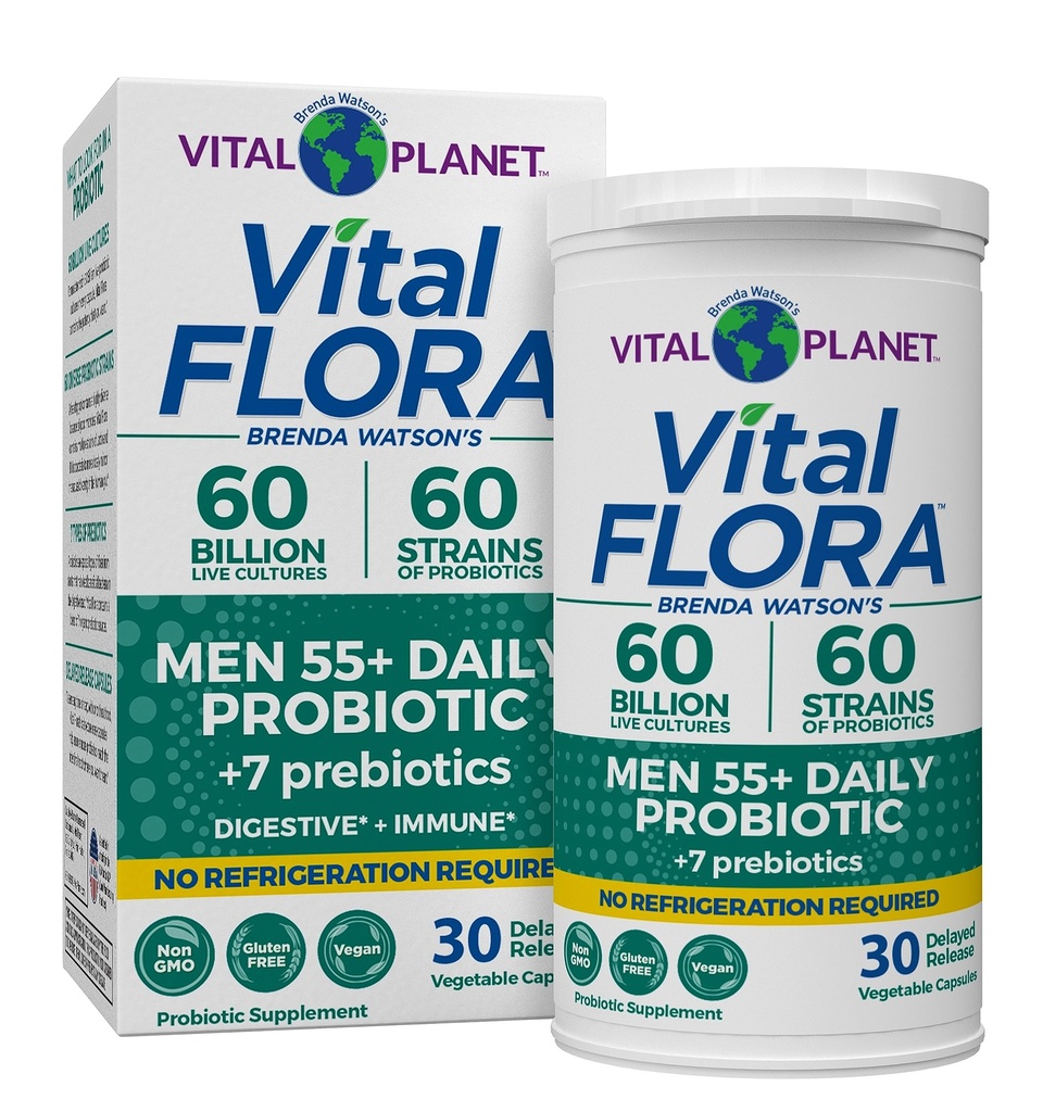 Vital Planet - Vital Flora Muži nad 55 Daily Probiotic, 60 miliárd CFU, Diverse Kmene, Organické Prebiotiká, Imunitná podpora, Tráviace zdravie Stabilné probiotiká pre mužov, 30 Kapsule