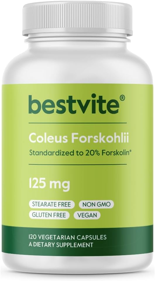 BESTVITE Coleus Forskohlii 125 mg - 20% Forskolin (120 Vegetariánske kapsuly) - vyrobené z Forslean Jediná Forskolinová zložka je podporená klinickými štúdiami.