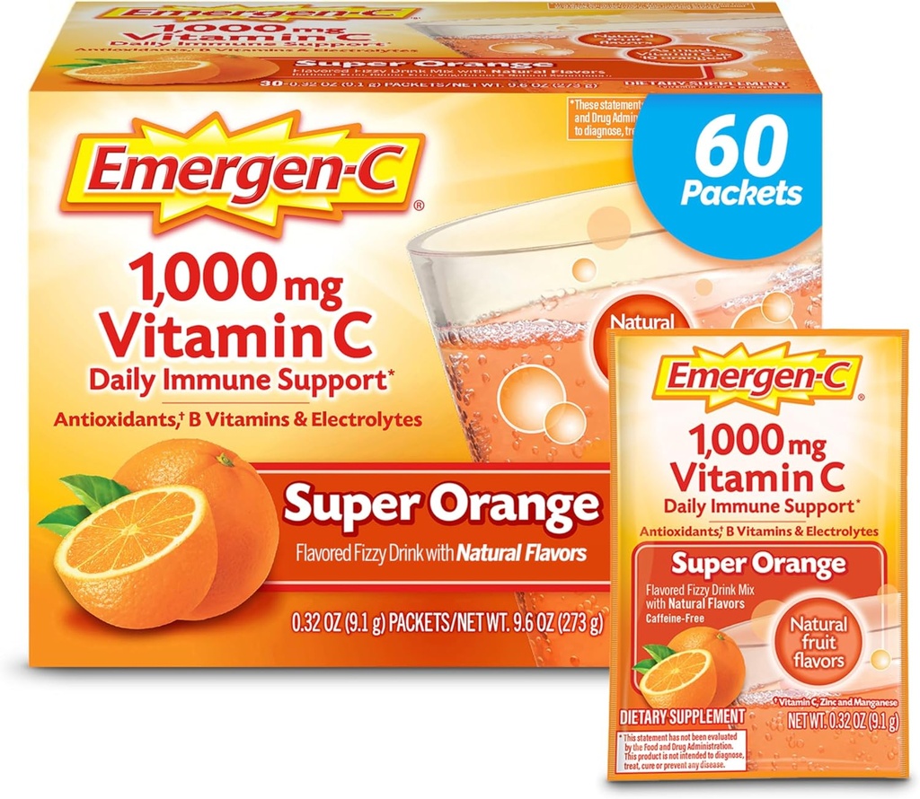 Emergen-C 1000mg vitamín C prášok na každodennú imunitnú podporu Kofeín neobsahuje vitamín C doplnky so zinkom a mangánom, B vitamíny a elektrolyty, Super Orange chuť - 60 gróf/2 mesiac dodávky
