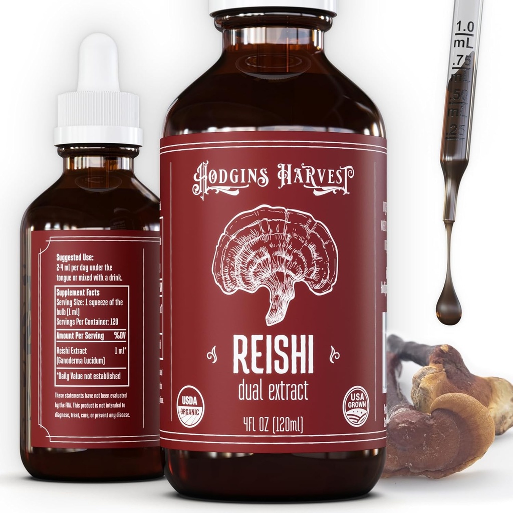 Hodgins Harvest Organic Reishi Huba ovocné telo extrakt Tinture - Extra Concentrated Dual Extract Supplement - Podporuje zdravie srdca a wellness - USDA Organic Huby - 4 oz