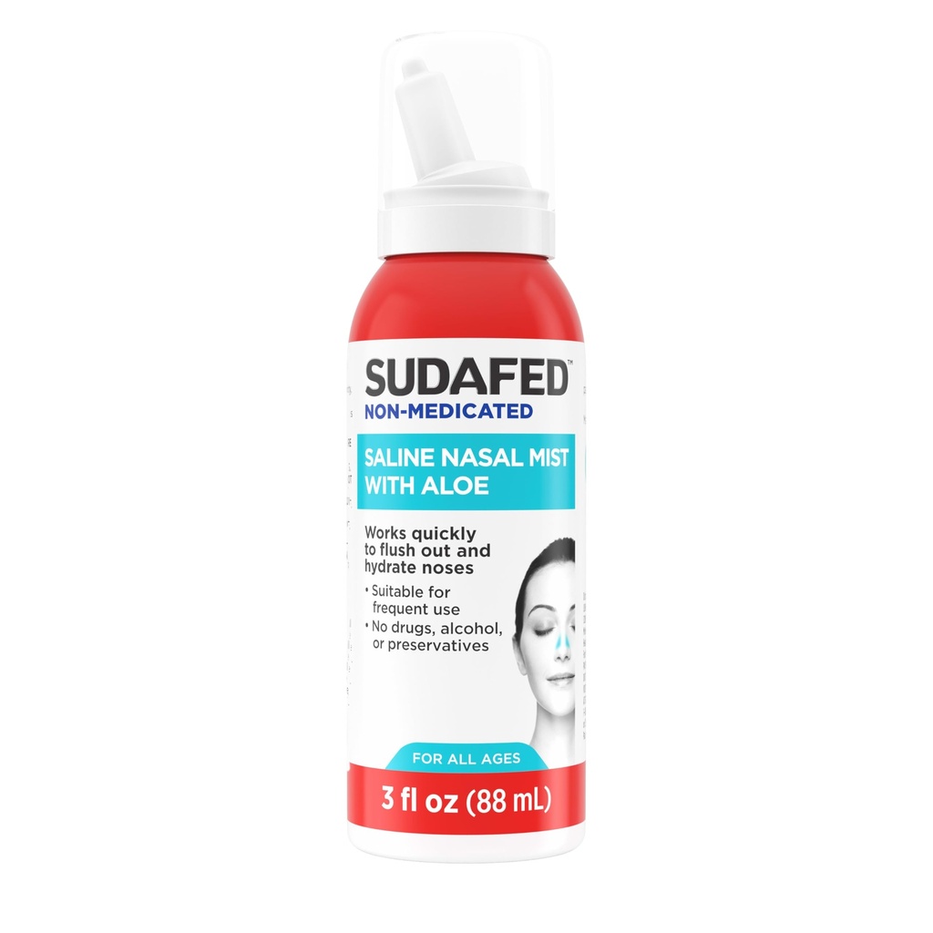 Sudafed Non-Medical Saline Nasal Mist s Aloe, Sinus Saline Nos Spray pre všetky vekové kategórie Rýchlo splachuje a hydratuje nosové priechody, Použite nosal Mist ako často je potrebné, Drug-free, 3 fl. oz