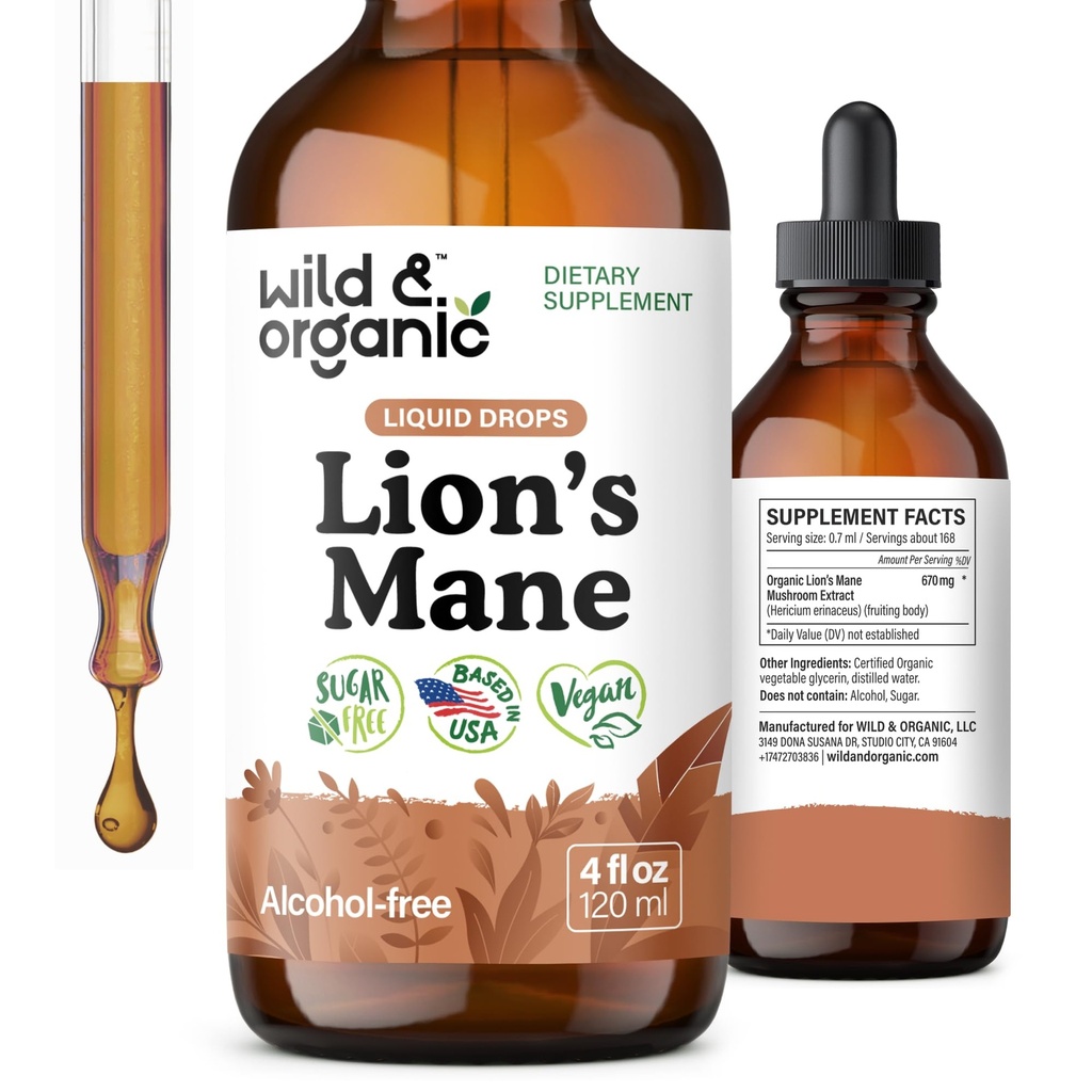 Wild & Organic Lions Mane Liquid Drops - Podpora mozgu a zaostrenia - Lion's Mane Mushroom Supplement - Hericium Erinaceus Mushroom Drops - Vegan, Cukor a bezalkoholový extrakt Tinture - 4 fl oz