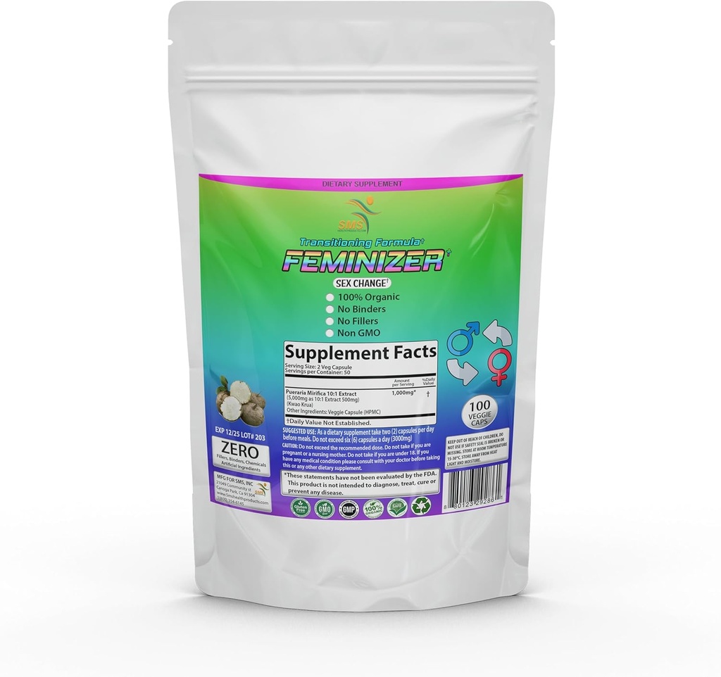 Feminizer Sex Change Pills by SMS, 100 Veggie Caps Pueraria Mirifica For Estrogen 1000mg Pure 10:1 Root Extract Powder - Kwao Krua Kao - Premium Grade, Organic for Women, Transgender, Ladyboy, LGBT
