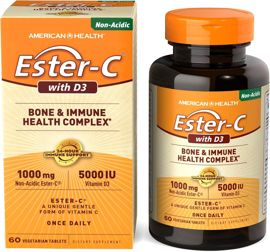 American Health EsterC with D3 Bone Immune Complex Vegetarian Tablets 24Hour Immune Support 1000 mg EsterC 5000 IU Vitamín D3 NoAncidic Vitamin C Servings, 60 Počet