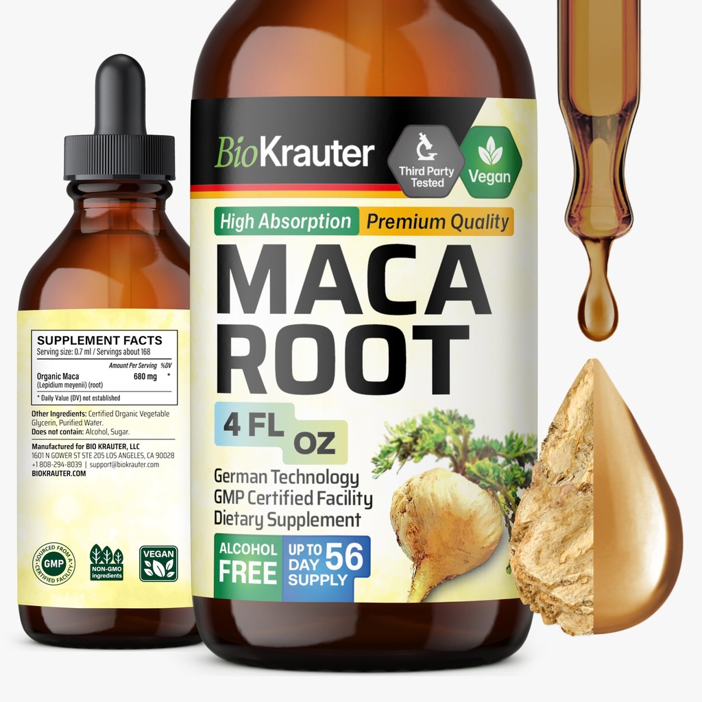 BIO KRAUTER Maca Root Liquid Drops - Maca Extract Tinture - Vegan, Sugar & Alcohol Free Extract 4 Fl.Oz.