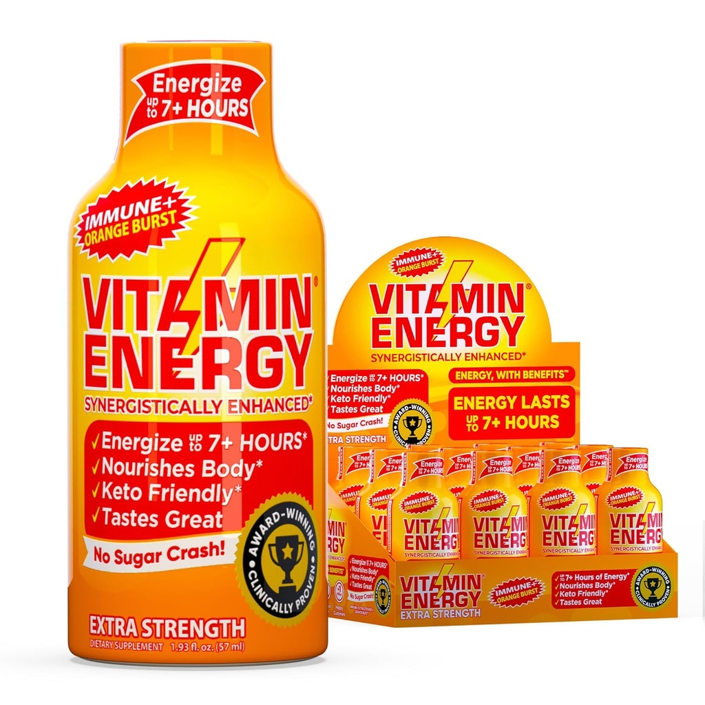 Vitamin Energy Immune+ Extra Strength Energy Shot Orange Burst 12 Pack, 260mg Natural Caffeine, B-Vitamins, Citicoline, Green Tea, Immunity & Focus Support, Zero Sugar, Gluten-Free 1.93 fl oz