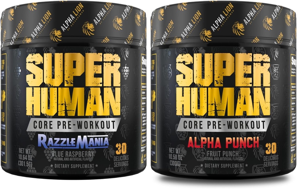 ALPHA LION jadro pred tréningu Powder Bundle pre čerpadlá a tri-zdroj kofeín pre trvalú energiu, ovocie Punch a modrá malinová chuť (30 podáva každý)