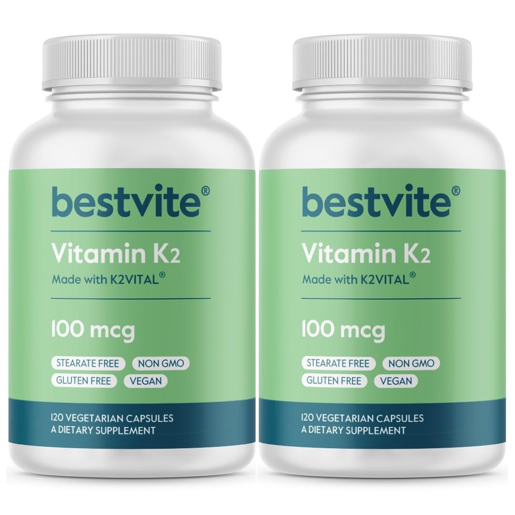 BESTVITE vitamín K2 100 mcg ako MK-7 (240 Vegetariánske kapsuly) (120x2) - Žiadne stearáty - Vegan - Non GMO - bez lepidla
